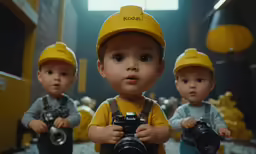 the small children are wearing yellow hats and holding cameras