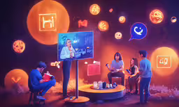 a couple people standing around with signs on them,an animation of people on their television set