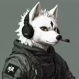 a wolf that has headphones and a black coat