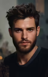 man with wavy hair looking directly ahead in a portrait