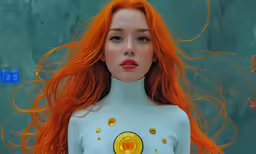 a woman with orange hair and a top made to look like she has bright, glowing orange hair