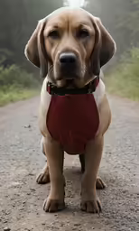dog with red collar and leash on a dirt road