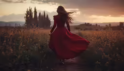 a woman with long hair wearing a long red dress is walking through an open field