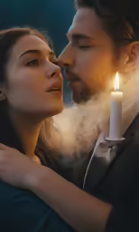 a couple with smoke coming out of their eyes and one being kissing