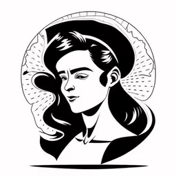 a black and white portrait of a woman with long hair in the middle,the girl in a hat with long hair