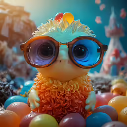 a toy owl wearing large blue eyes next to some balls