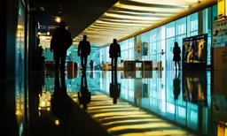 silhouettes of people walk past glass windows in a building