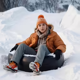 a young lady with a hat and scarf sitting in the snow on a tube chair