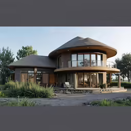 an architecturally designed round wooden house sits in the grass
