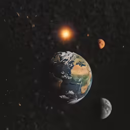 a planet and moon with the earth behind them