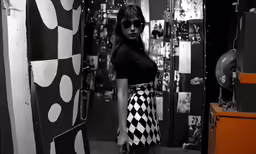 a woman stands by a store front wearing sunglasses