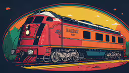 a red train is going down the tracks in a circle,a train sits in a frame with the colors orange and red