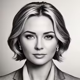 a close up of a woman in a suit