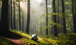 an umbrella laying on the grass in a forest