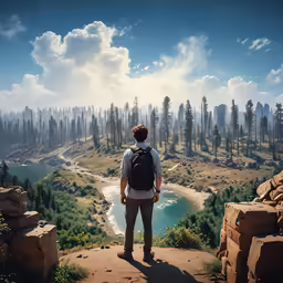 a man standing on a hill overlooking a valley