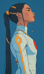 an illustration of a woman with a ponytail with an orange and yellow arrow