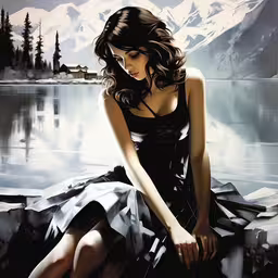 an oil painting of a woman in a dress,a painting of a girl sitting on rocks by the water
