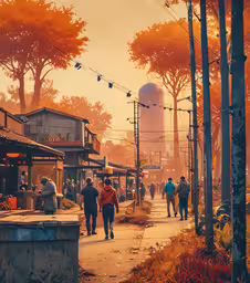 an artist - rendering of people walking in the distance,people walking on a tree - lined street with houses in the distance