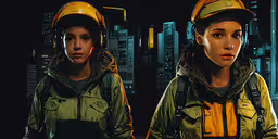 two women in work wear standing in front of tall buildings,a woman in jacket and helmet in a futuristic city setting