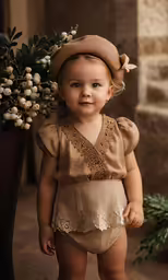a little girl wearing a brown outfit next to a vase with flowers