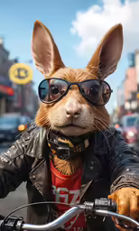 an adorable dog wearing a leather jacket and glasses on a motorcycle