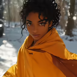 a woman wearing a yellow coat stands in the snow