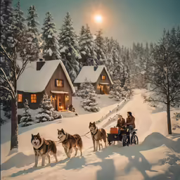 there are dogs pulling people on sled in front of the house