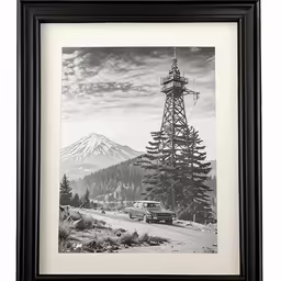 a framed photo with mountains in the background