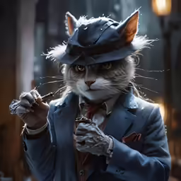 a cat dressed in costume and holding a cigarette