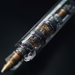 a pen with different types of writing in its wrapper