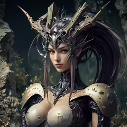 a woman with an elaborate mask is standing by some bushes