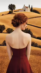 a beautiful woman with a red dress in the country