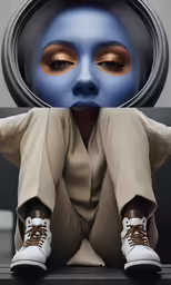 blue man and white man, head shot, wearing beige clothes and shoes