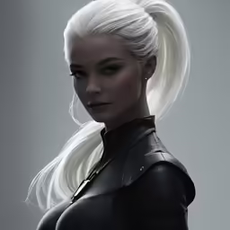 the woman in leather is looking at the camera