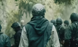 the man is walking with his group of officers behind him