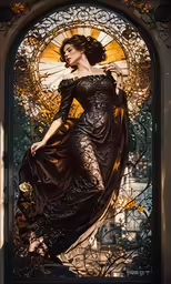 a woman dressed in a very elegant dark gown with her hand on her hips