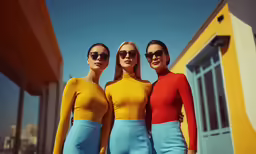 three women standing next to each other wearing high waist skirts