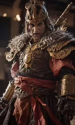 a man dressed in an asian costume with feathers