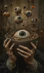 a strange bowl with a giant eye on the outside