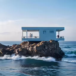the couple is standing on the rocks in front of the house overlooking the ocean