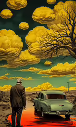 a man looking down at a car parked in a puddle