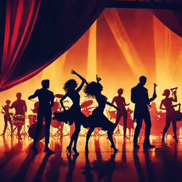 a group of dancers in front of a stage,silhouettes and people dance on stage at a show
