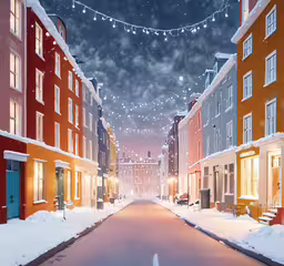 a snowy street in the middle of town,the street is lined with snow and buildings, with christmas lights strung above