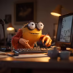 a cartoon character that looks like oscar the squid is on a computer
