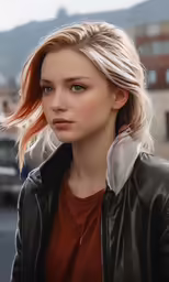 a beautiful blonde woman with her hair down in her hand