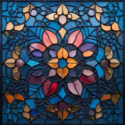 a multicolored stained glass piece with a star and sun design