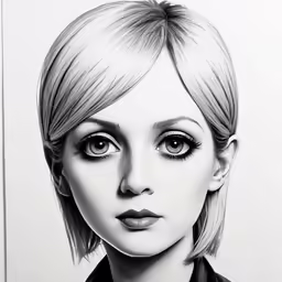 a drawing of a woman with blonde hair and big eyes