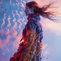a woman holding some plant life while standing next to the ocean