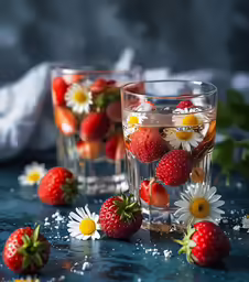 there are fresh strawberries and daisies in two glassware