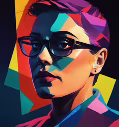 a painting of a woman with glasses and a shirt,digital painting of woman wearing glasses and striped shirt